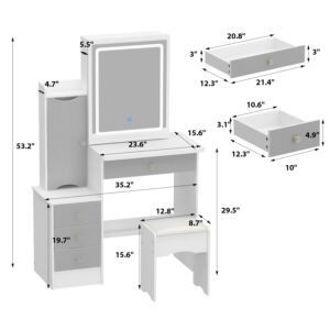 ROMSHINE Small Vanity Desk with Sliding Lighted Mirror, Makeup Desk Vanity with Stool, 3 Colors LED Mirror Vanity with 4 Drawers & Open/Hidden Shelves, Bedroom Space-Saving, White & Grey