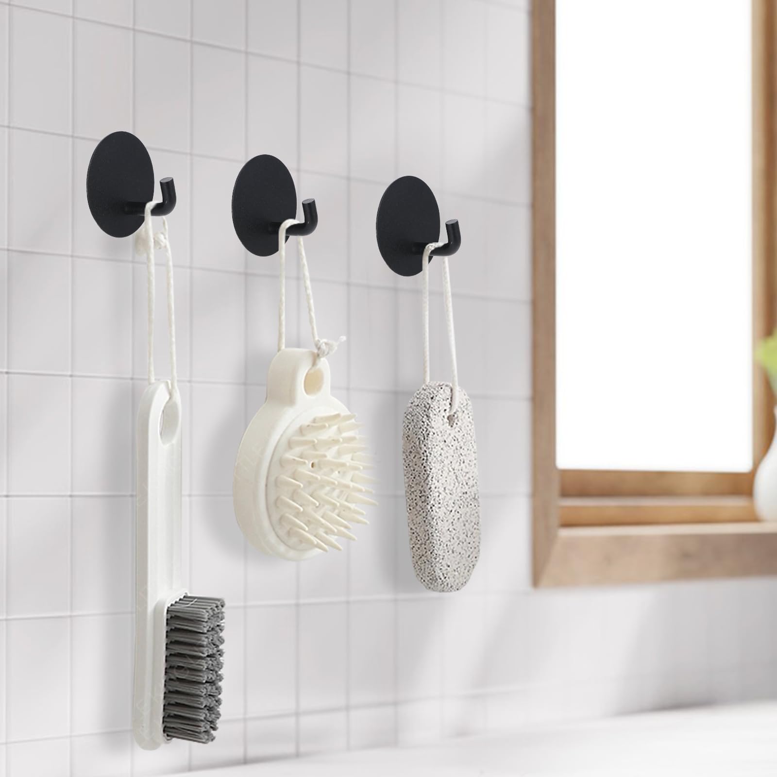 Tucnoeu 8pcs Black Adhesive Shower Hooks Waterproof Rustproof Removable Stainless Steel Shower Hooks for Towels,Hooks for Hanging,Heavy Duty Adhesive Hooks for Bathroom Kitchen Bedroom