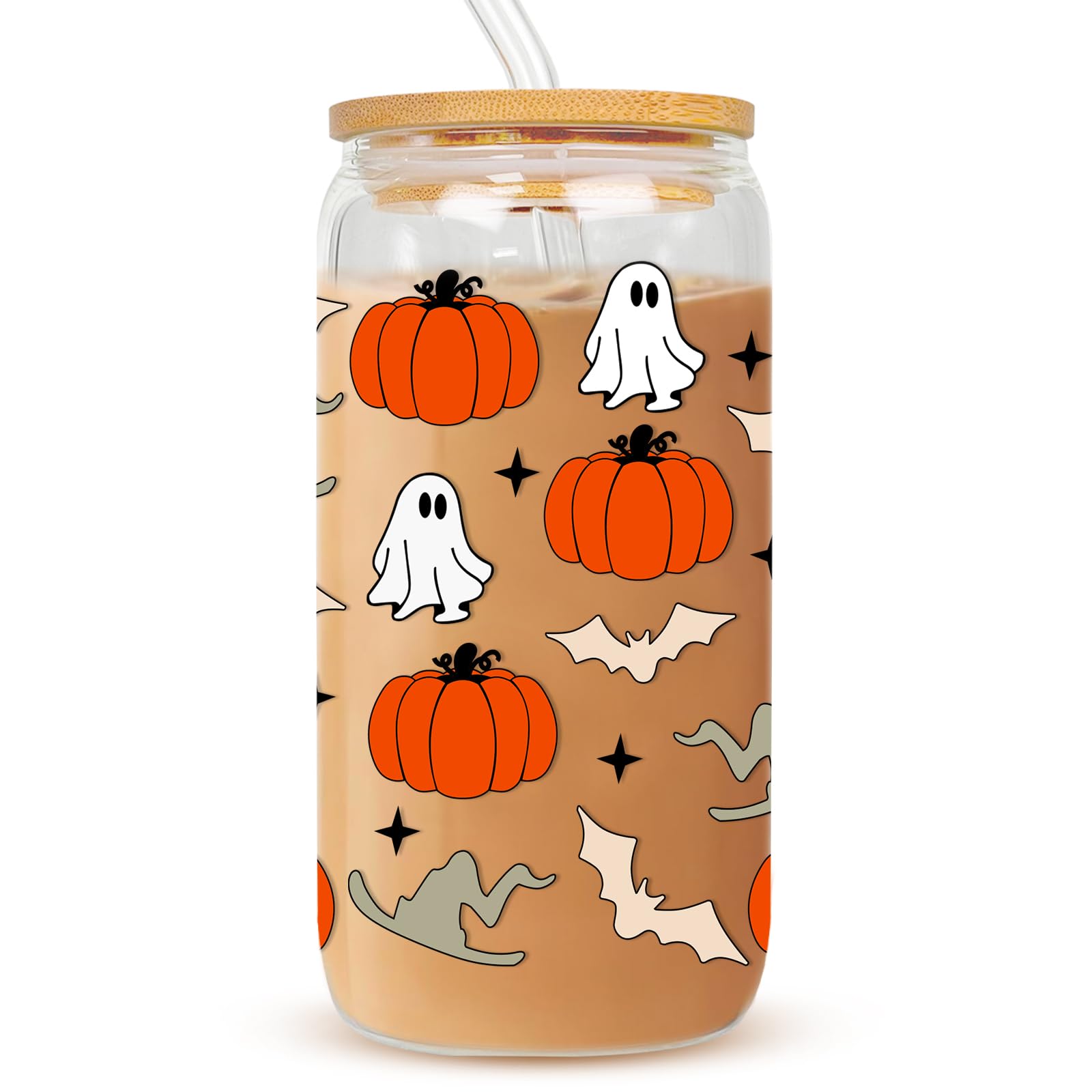 Halloween Cups - Halloween Gifts for Women - 16oz Ghost Bat Pumpkin Coffee Mug - Fall Tumbler with Lid and Straw - Spooky Drinking Glass for Her - Goth Halloween Party Favors