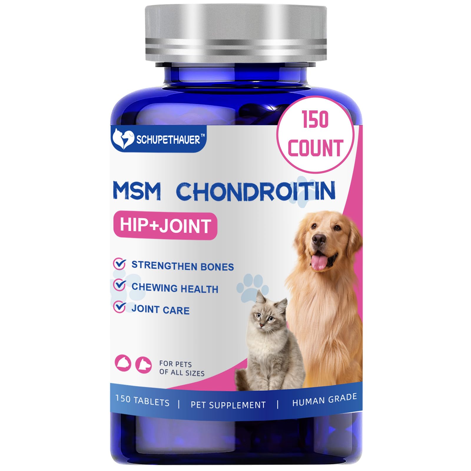 Pet Glucosamine Chondroitin MSM Joint Supplement for Dogs & Cats, Hip & Joint Pain Relief Tablets with Vitamin C, A & D3, 150 Tablets