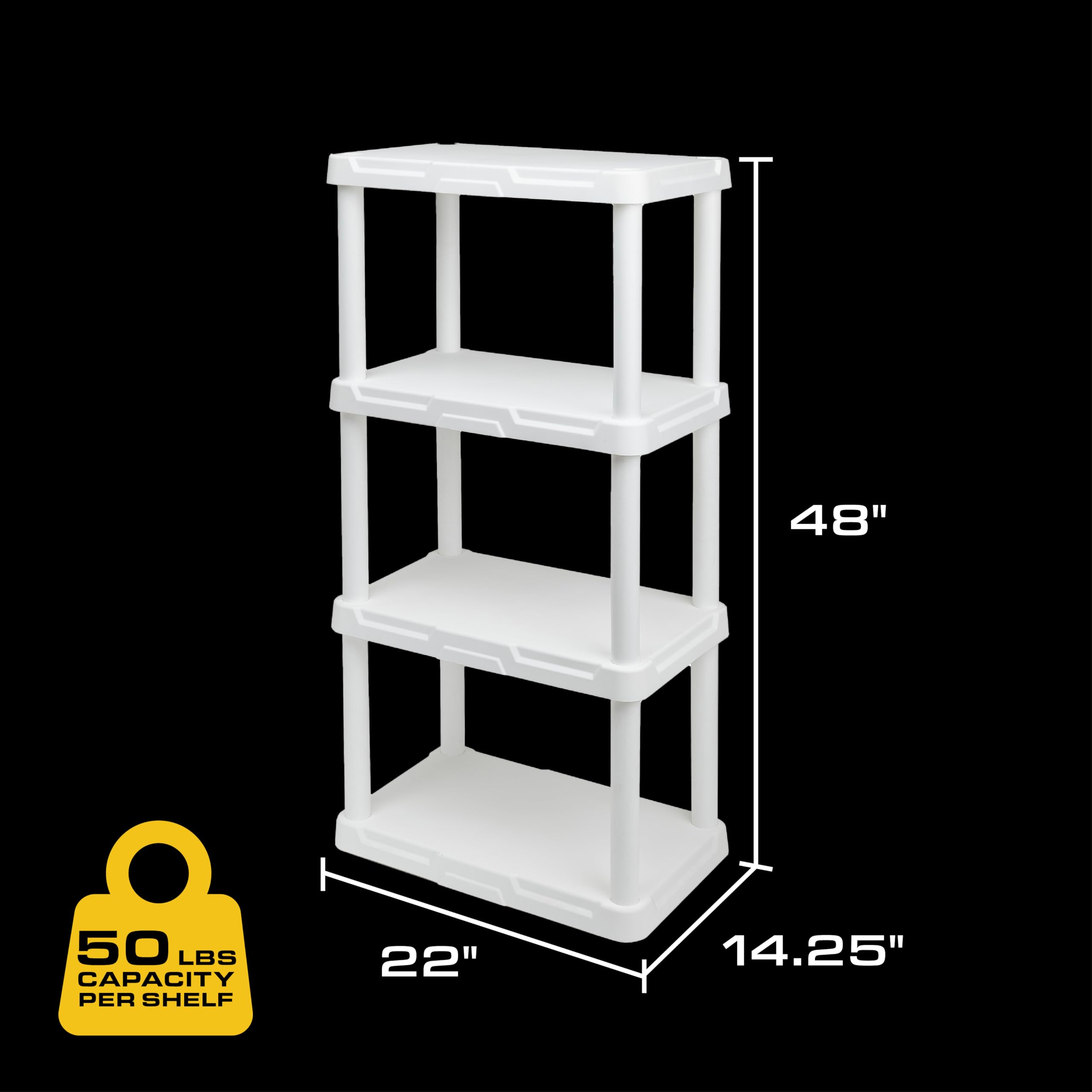 BLACK & YELLOW, 4-Tier Light-Use Plastic Storage Shelving Unit (White), 50lbs per Shelf Capacity (47”H x 22.1”W x 14.3”D), for Indoor Storage and Organization [2-Pack]