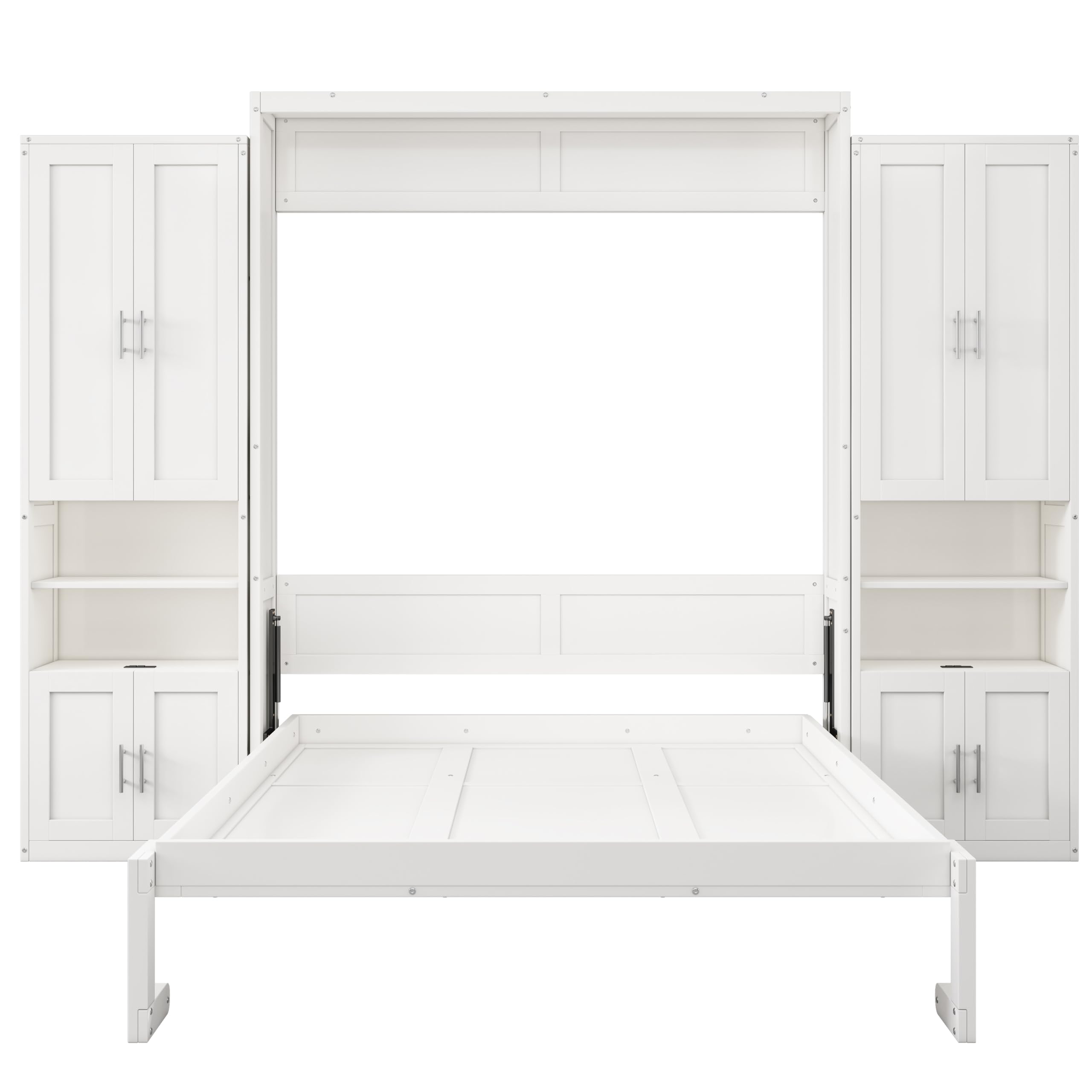 DNYN Queen Size Murphy Bed with Desk & Two Slide Storage Shelf & 68-inch Wall Bedframe Folding into Cabinet Design,for Small Space,Bedroom,Guest Room, White