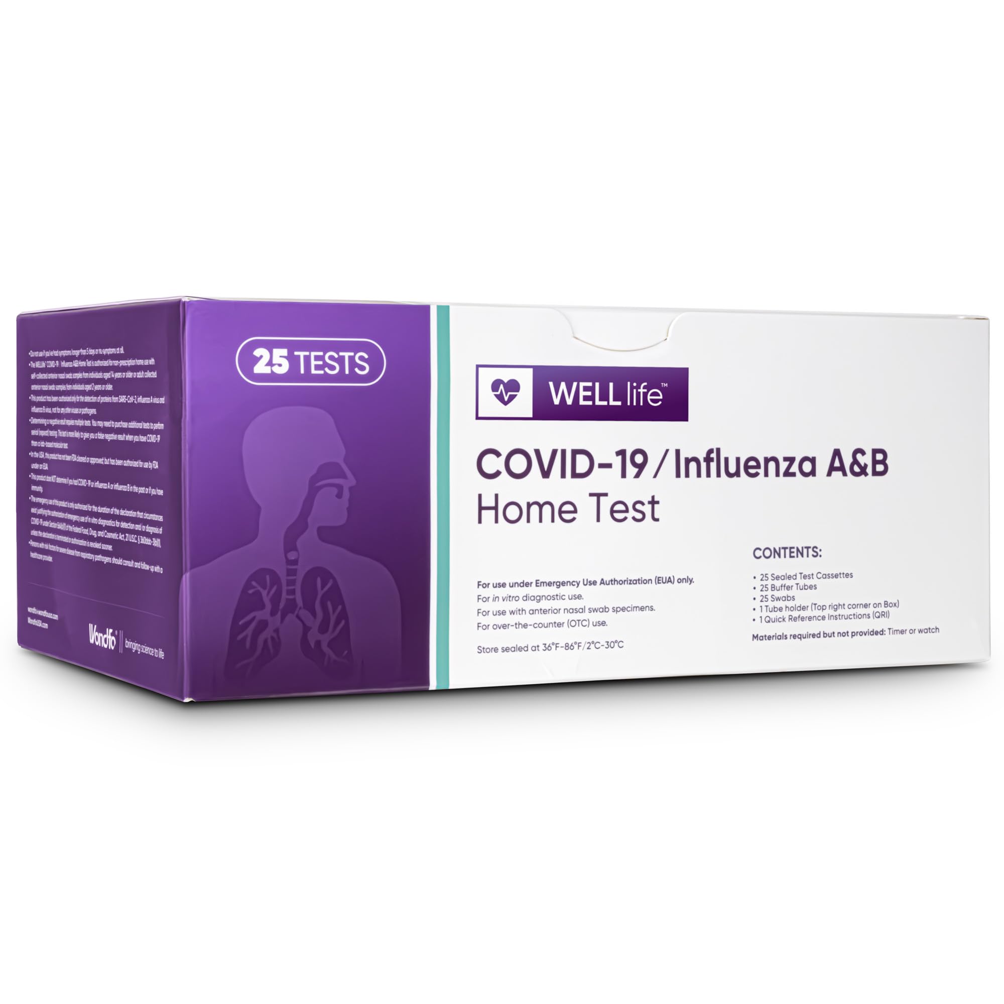 WELLlife COVID-19/Influenza A&B Home Test, Self Test for Flu A/B and COVID-19, Results in 10 Minutes with Non-invasive Nasal Swab, FDA EUA Authorized -[25 Tests]