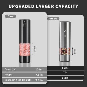 Upgraded Larger Capacity Electric Salt and Pepper Grinder Set Rechargeable with LED lights, Stainless Steel Automatic Salt and Pepper Mill Set Refillable with 5 Adjustable Coarseness