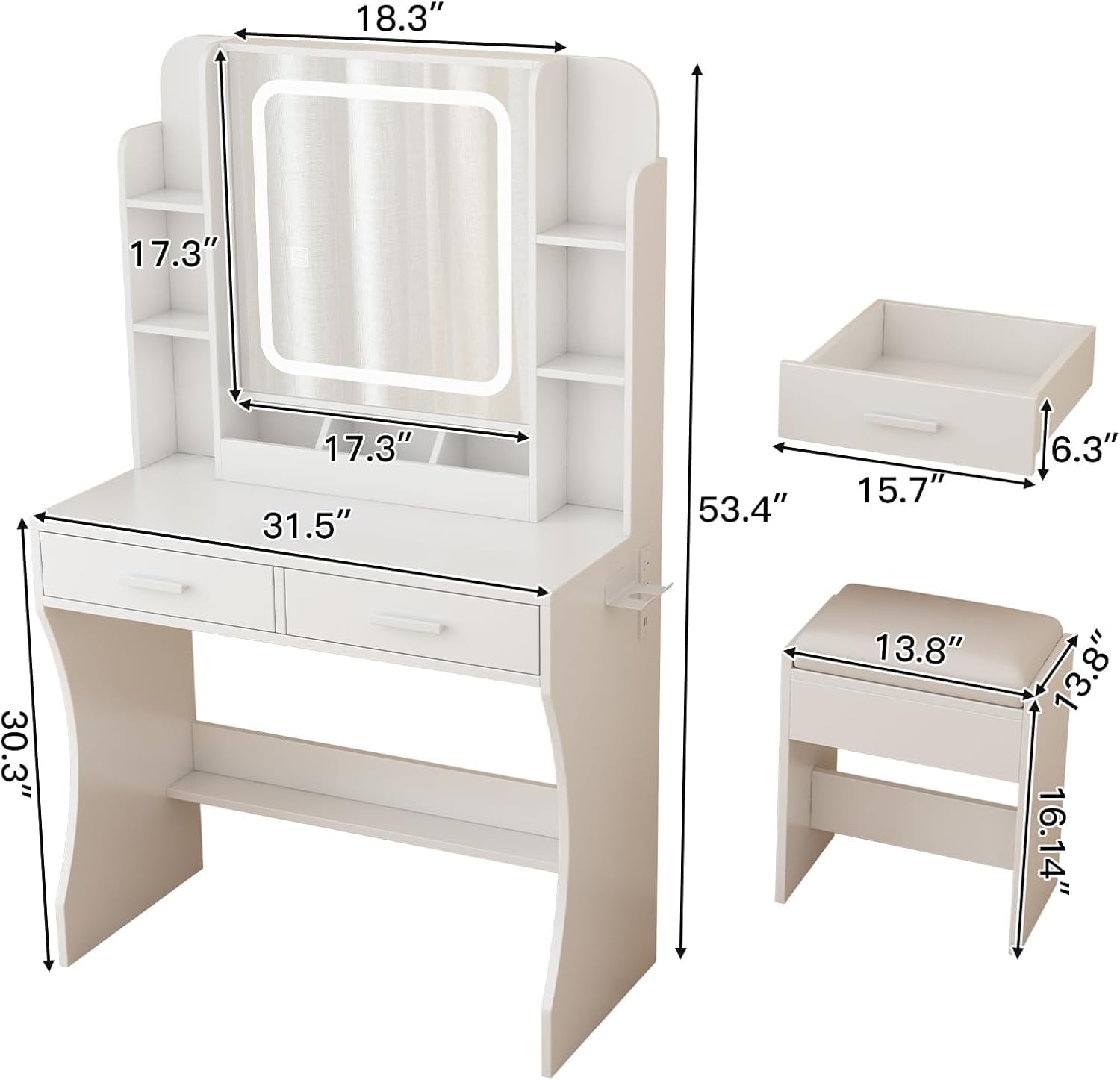 Vanity Desk with Mirror and Lights, Makeup Vanity Table with 2 Drawers and Shelves, Built-in Power Outlet and Hairdryer Holder, 3 Color Modes Available, Vanity Desk with Chair Set for Bedroom, White