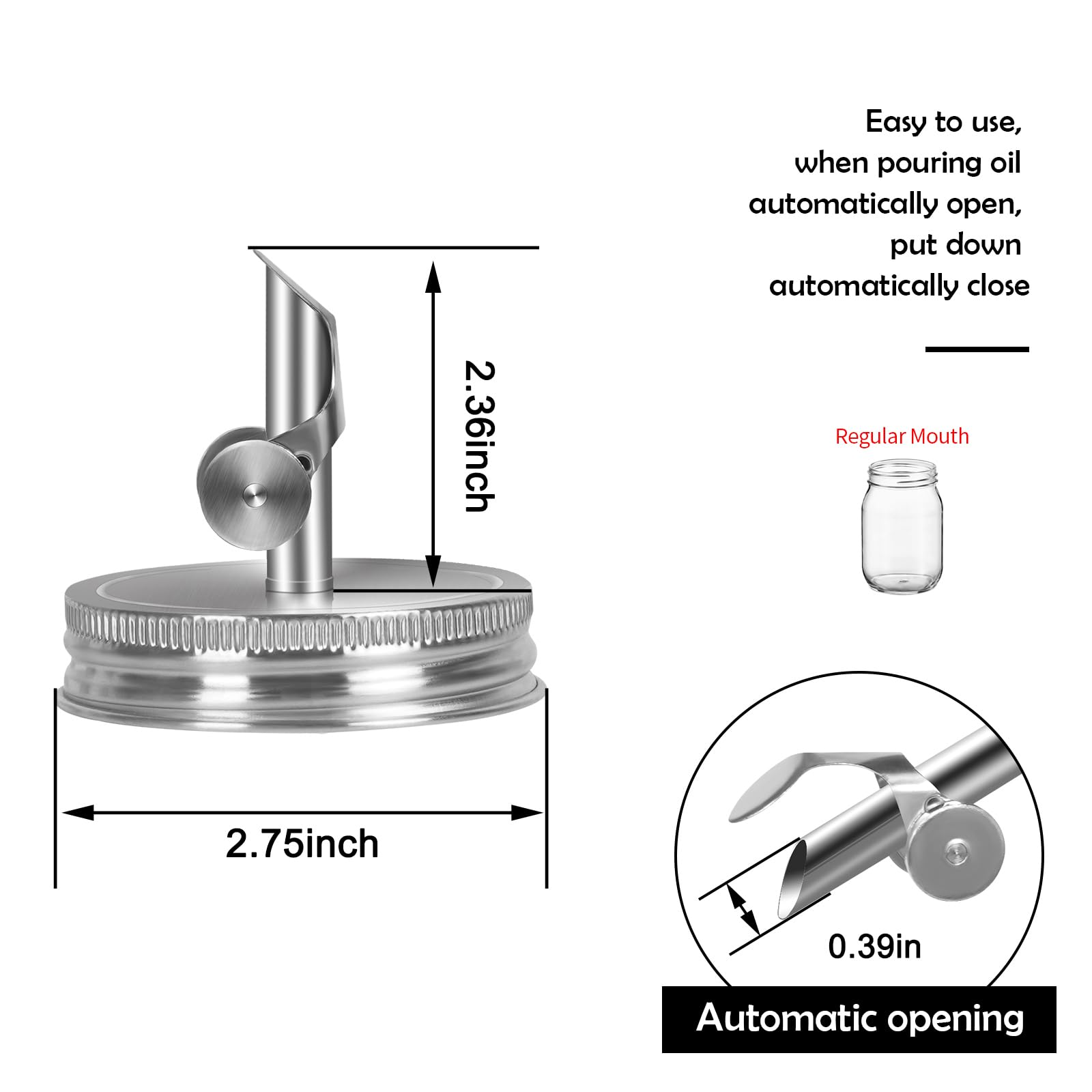 Auto-locking Free Flow Spout Pouring Cap 304 Stainless Steel for 2.75 Inch Regular Mouth Mason Jar Pour Oils,Moonshine,Vodka,Beverages,Coffee,Juices(NO JAR)