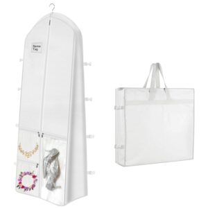 portable wedding dress garment bag, 72 inch trifold bridal dress bags for gowns long with pockets and handles, 10" gusseted dress cover for wedding dress with buckle