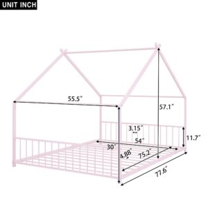 Metal Montessori Floor Bed, Full Size House Bed Frame with Headband and Slats, Full Floor Bed/Cute Montessori Bed for Kids, Girls, Boys(Full Pink)