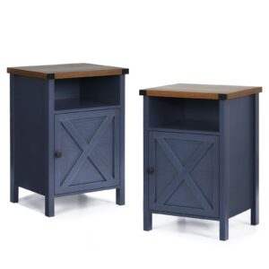 farmhouse nightstand, end table, end tables with barn door and shelf, modern bed side table rustic nightstands set for bedroom, living room, set of 2, navy blue