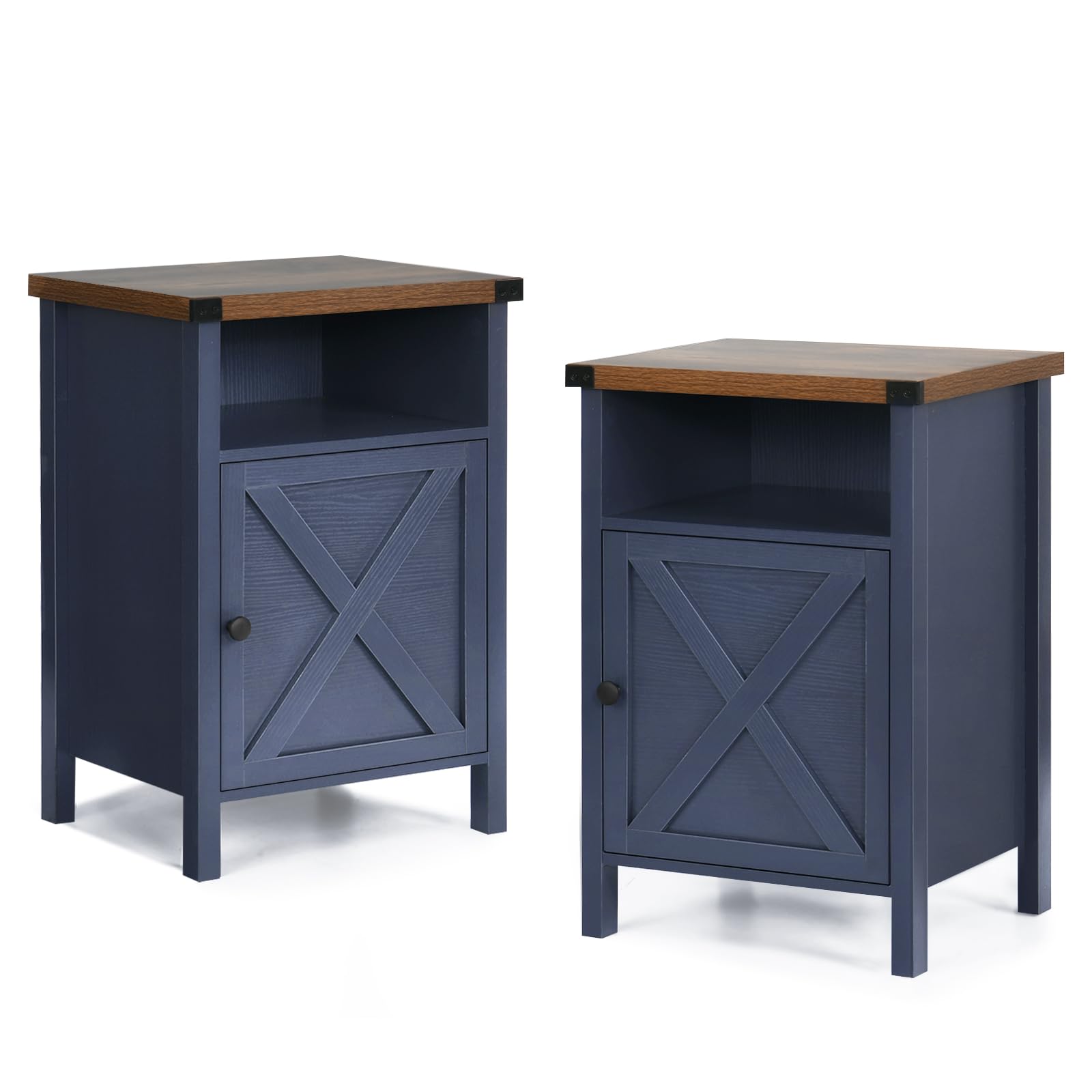 Farmhouse Nightstand, End Table, End Tables with Barn Door and Shelf, Modern Bed Side Table Rustic Nightstands Set for Bedroom, Living Room, Set of 2, Navy Blue