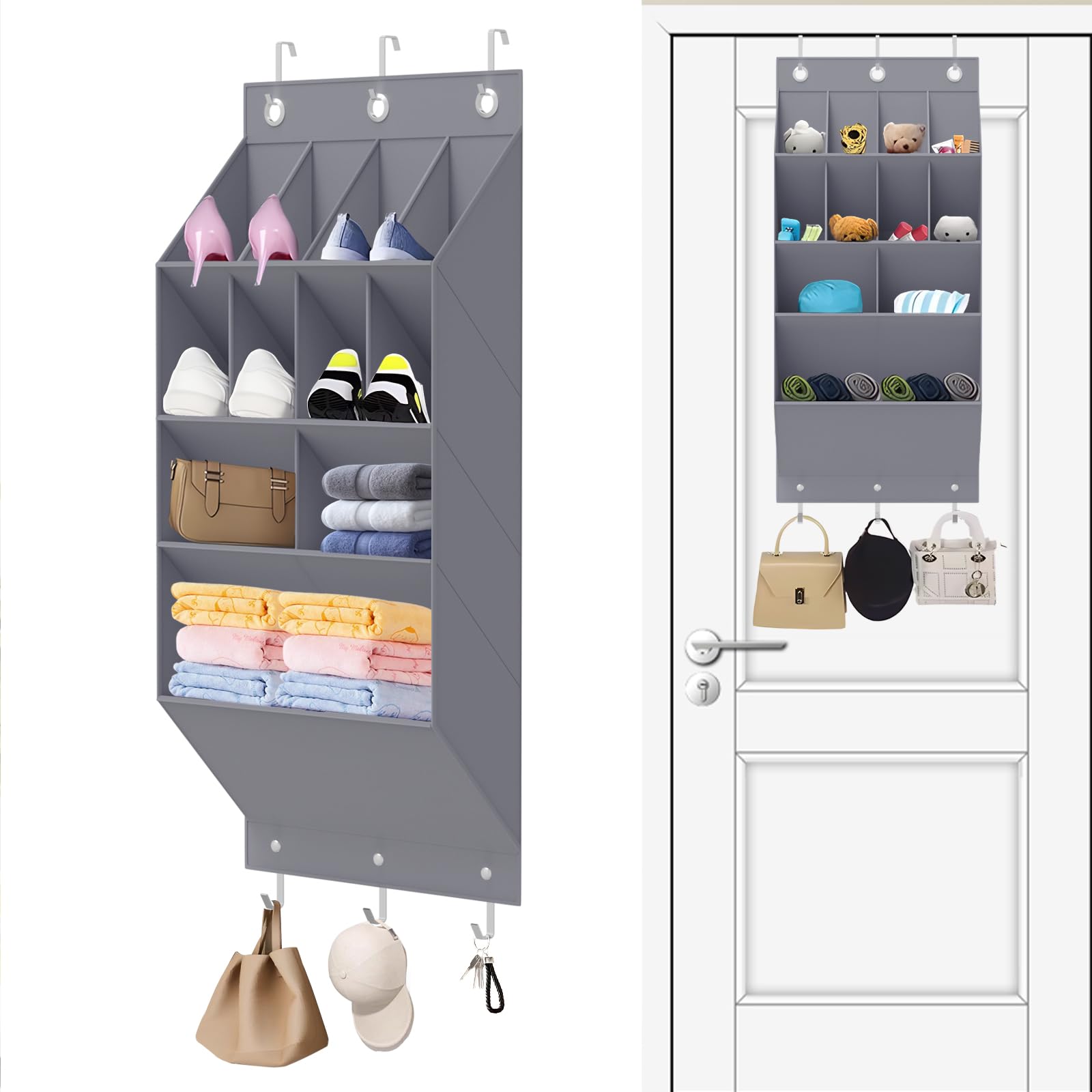 QINGUANG Over the Door Shoe Organizer for Closet, 1 Pack Hanging Shoe Rack, Oxford Fabric Shoe Storage Organizer, Shoe Holder Behind the Door with 11 Pockets,6 Hooks Each, Grey