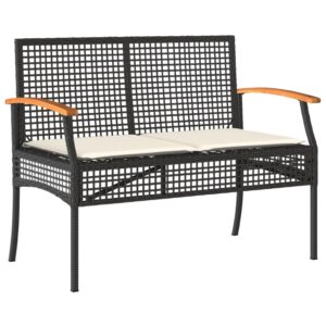 MINERWALL Patio Bench with Cushion Black Poly Rattan Acacia Wood,Comfortable Patio Bench with Padded Cushion and Durable Rattan Frame for Outdoor Use Patio Benches, Outdoor Furniture, Outdoor Benches