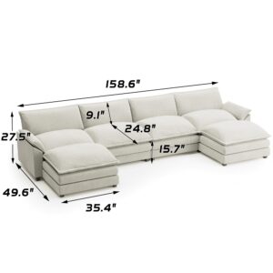 Shahoo Sectional Modular Sofa U Shaped Chenille Fabric Couch with High Supportive & Soft Sponges and Removable Ottoman, Sleeper Comfy Upholstered Furniture for Living Room, White