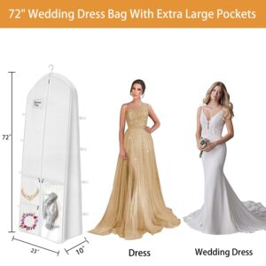 Portable Wedding Dress Garment Bag, 72 Inch Trifold Bridal Dress Bags for Gowns Long with Pockets and Handles, 10" Gusseted Dress Cover for Wedding Dress with Buckle