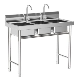 bokknppo freestanding utility sink 3-compartment commercial sink 304 stainless steel sink station set with hot cold faucet water pipe triple bowl kitchen prep sink,39 * 18 * 35.8in silver