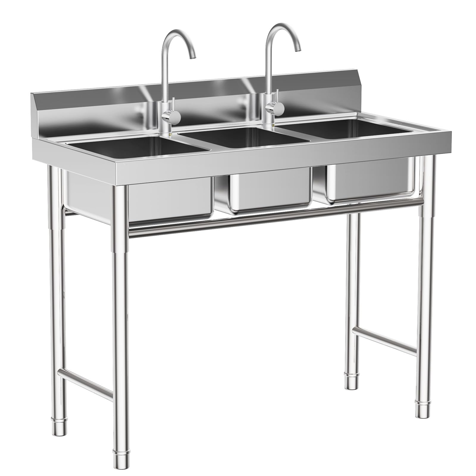 Bokknppo Freestanding Utility Sink 3-Compartment Commercial Sink 304 Stainless Steel Sink Station Set with Hot Cold Faucet Water Pipe Triple Bowl Kitchen Prep Sink,39 * 18 * 35.8in Silver