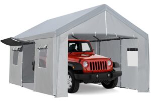 garveelife carport 13x20ft, heavy duty carport canopy, portable garage with removable sidewalls & doors, roll up mesh window, pe waterproof canopy, reinforced steel pipes tube wall thickness, grey