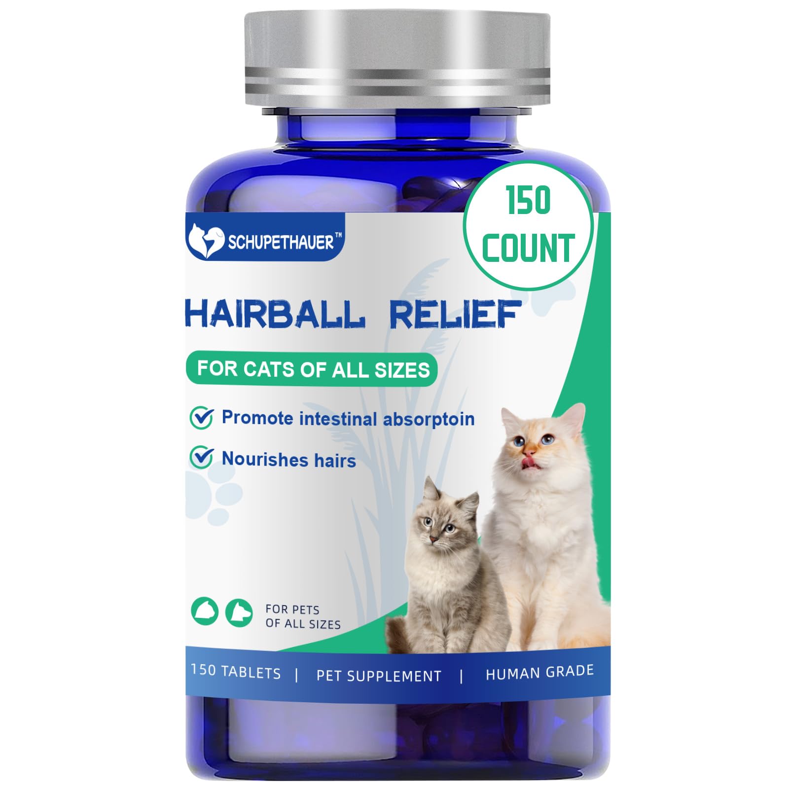 Cat Hairball Support, Hairball Remedy Cat Treats, Cat Furball Treatment, Supports Skin & Coat, Digestion, Cat Supplements, 150 Tablets