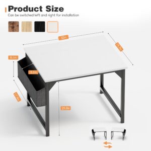 Shahoo 32 inch Computer Desk Modern Simple Style Woodern Table with Storage Bag and Hook for Home, Office, Study, Writing, White