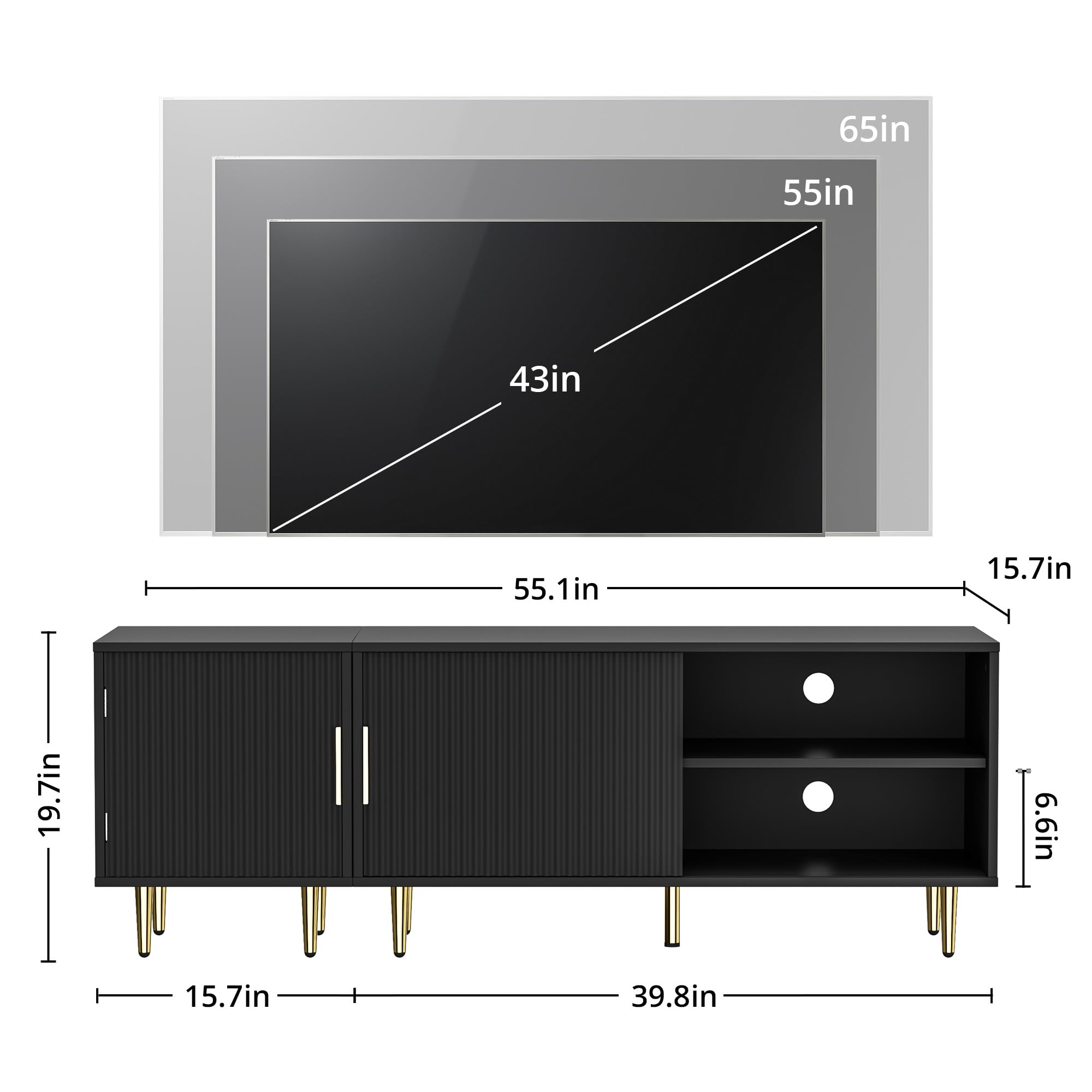 Housoul Combined Modern TV Stand for 55/60/65 inch TV, Small Entertainment Center with Adjustable Shelf, TV Media Stand with Storage Cabinet, TV Console with Gold Legs for Living Room, Bedroom, Black