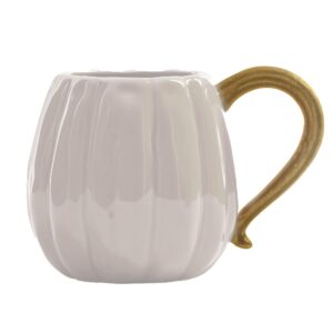 mary square fall harvest 12 ounce glossy ceramic coffee cup mug with stem handle, classic white, gold tone, pumpkin design