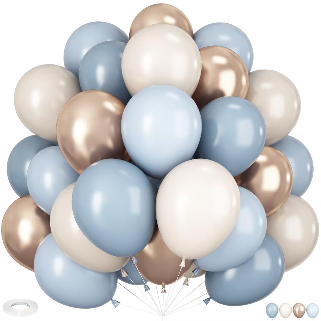 Dusty Blue and Gold Balloons, 60 PCS 12 Inch Sand White Slate Blue Fog Pastel Baby Blue Metallic Gold Balloons for Baby Boy Shower Bridal Shower Birthday Wedding Party Decorations