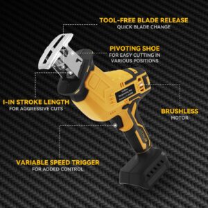 Cordless Reciprocating Saw for DeWalt 20V Battery, Brushless Power Recipro Saw, 3500SPM Variable Speed, 4 Saw Blades with Carry Case for Wood/Metal/PVC Cutting, Bare Tool