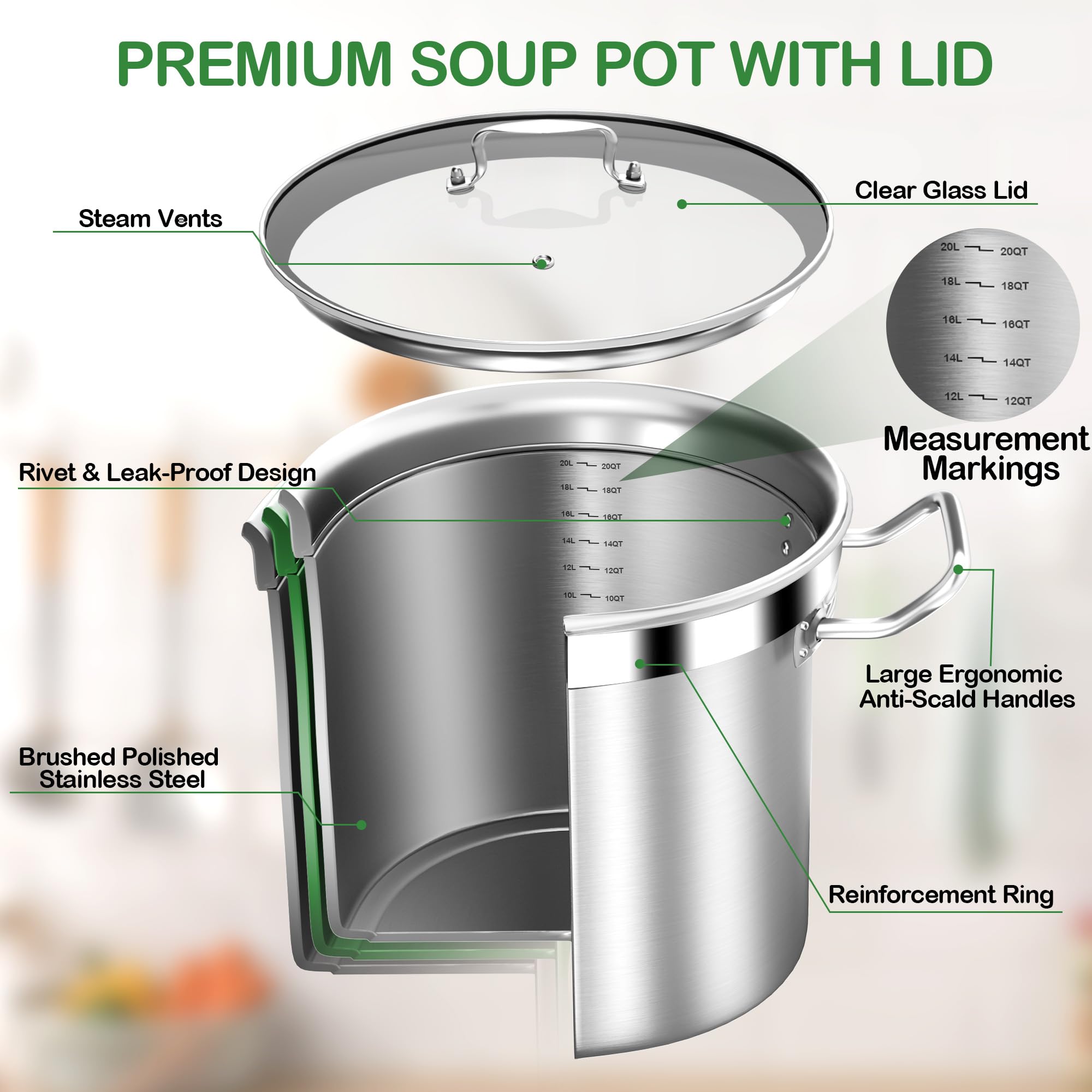 STOCKPOT Stainless Steel Pot, 20 Quart Stock Pot with Visible Lid, 3-Ply Large Soup Pot, Induction Pots, Big Pots for Cooking, Stew Pot, Oven & Dishwasher Safe