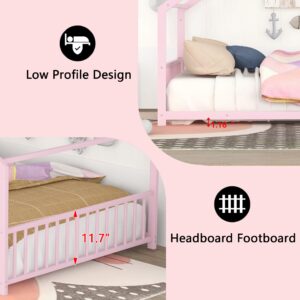 Metal Montessori Floor Bed, Full Size House Bed Frame with Headband and Slats, Full Floor Bed/Cute Montessori Bed for Kids, Girls, Boys(Full Pink)