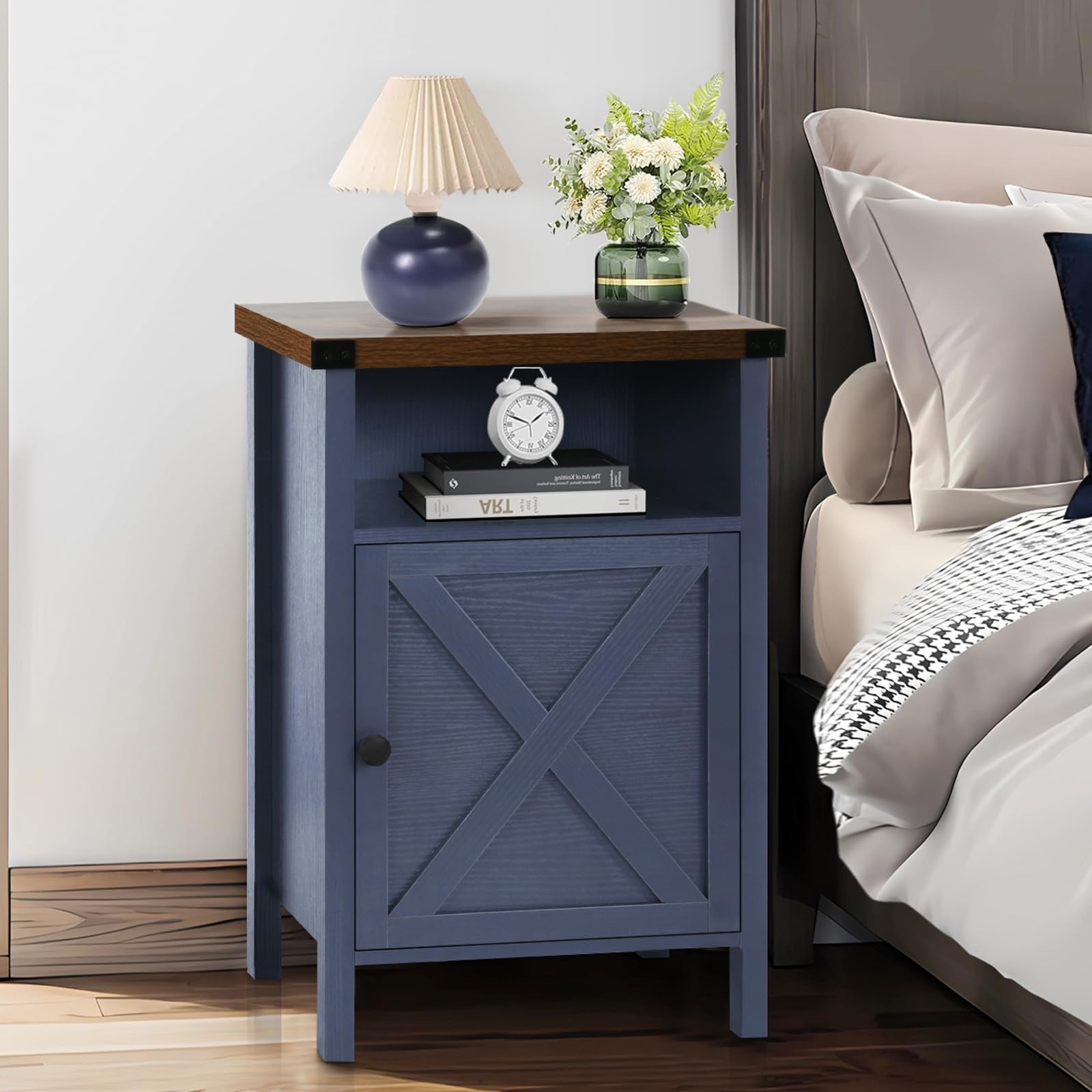 Farmhouse Nightstand, End Table, End Tables with Barn Door and Shelf, Modern Bed Side Table Rustic Nightstands Set for Bedroom, Living Room, Set of 2, Navy Blue