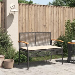 MINERWALL Patio Bench with Cushion Black Poly Rattan Acacia Wood,Comfortable Patio Bench with Padded Cushion and Durable Rattan Frame for Outdoor Use Patio Benches, Outdoor Furniture, Outdoor Benches