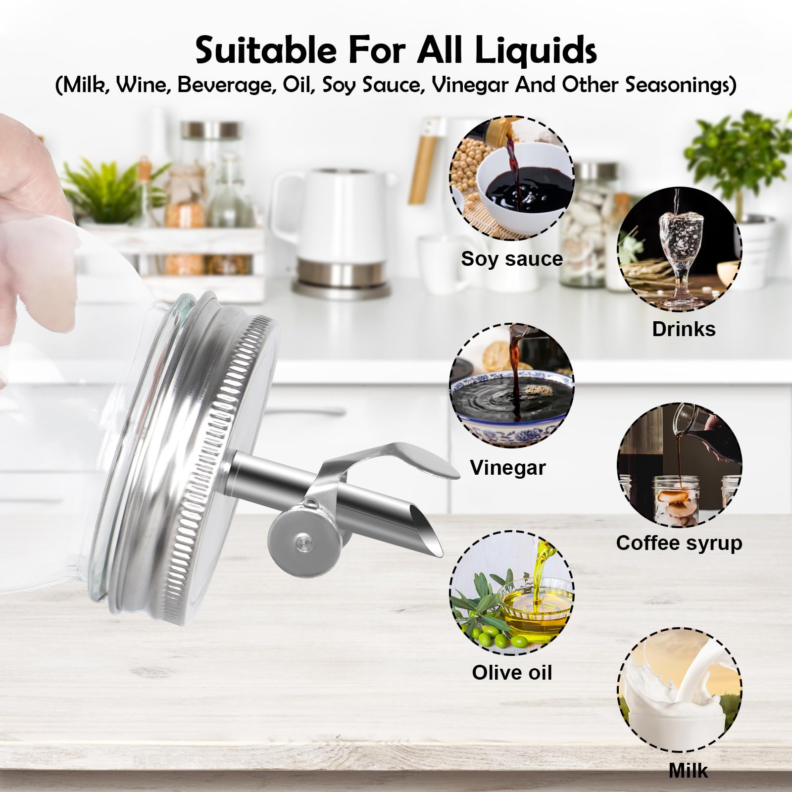 Auto-locking Free Flow Spout Pouring Cap 304 Stainless Steel for 2.75 Inch Regular Mouth Mason Jar Pour Oils,Moonshine,Vodka,Beverages,Coffee,Juices(NO JAR)