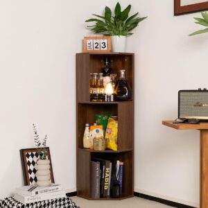 YOWOS Mid Century Corner Bookcase for Small Spaces, 3 Shelves, Wood