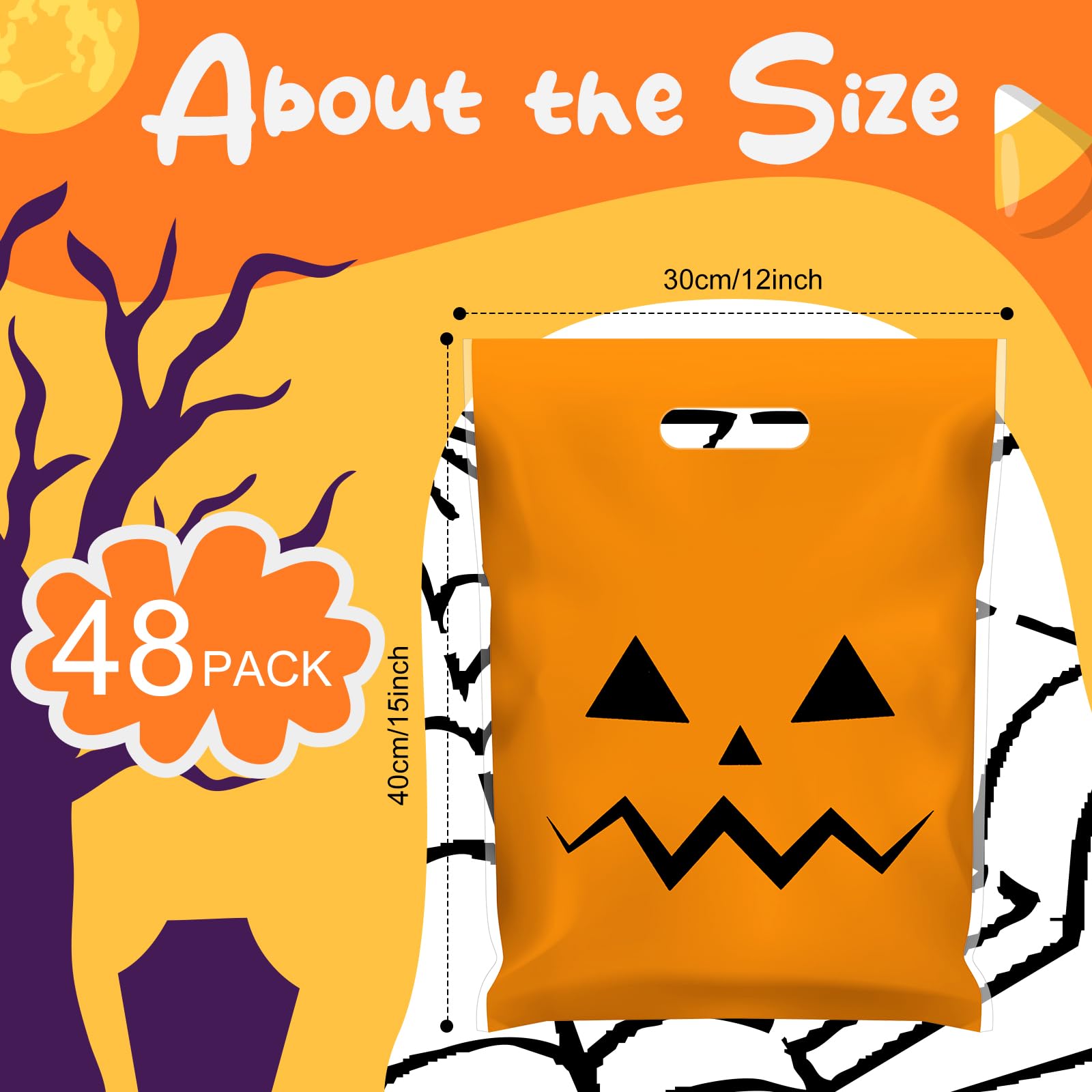 Locmeo 48 Pcs Large Plastic Halloween Pumpkin Gift Bags Bulk 12 x 15'' Halloween Trick or Treat Party Favors Bags with Handle Halloween Jack O Lantern Goodie Treat Bags for Halloween Party Decor