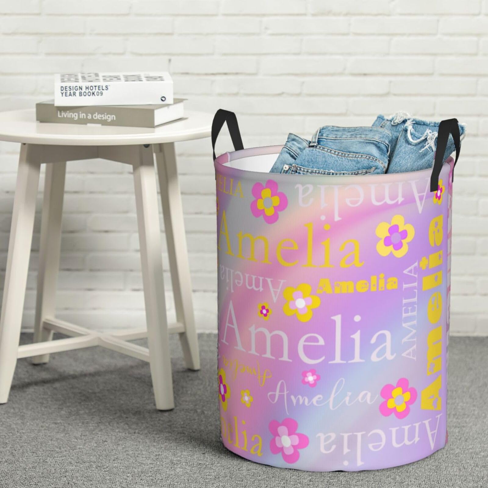 Personalized Laundry Basket Custom Laundry Hamper with Name Baby Storage Basket with Handles Circular Dirty Clothes Hamper For Girls Women