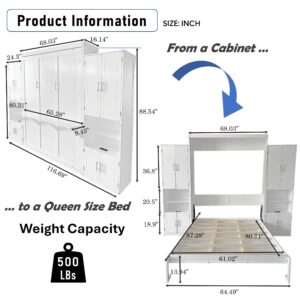 DNYN Queen Size Murphy Bed with Desk & Two Slide Storage Shelf & 68-inch Wall Bedframe Folding into Cabinet Design,for Small Space,Bedroom,Guest Room, White