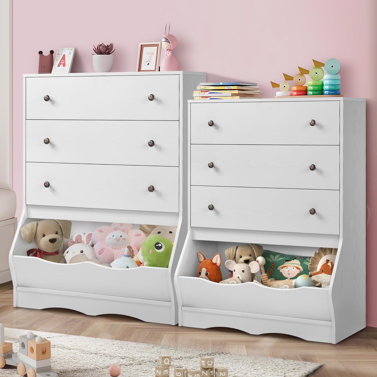 Catrimown Kids Dresser for Bedroom, 3 Drawers Chest, Tall Kids Dresser, Toddler Dresser for Bedroom, Cubby Storage Organizer, Toy Chest Dresser for Girls Boys, White, Large