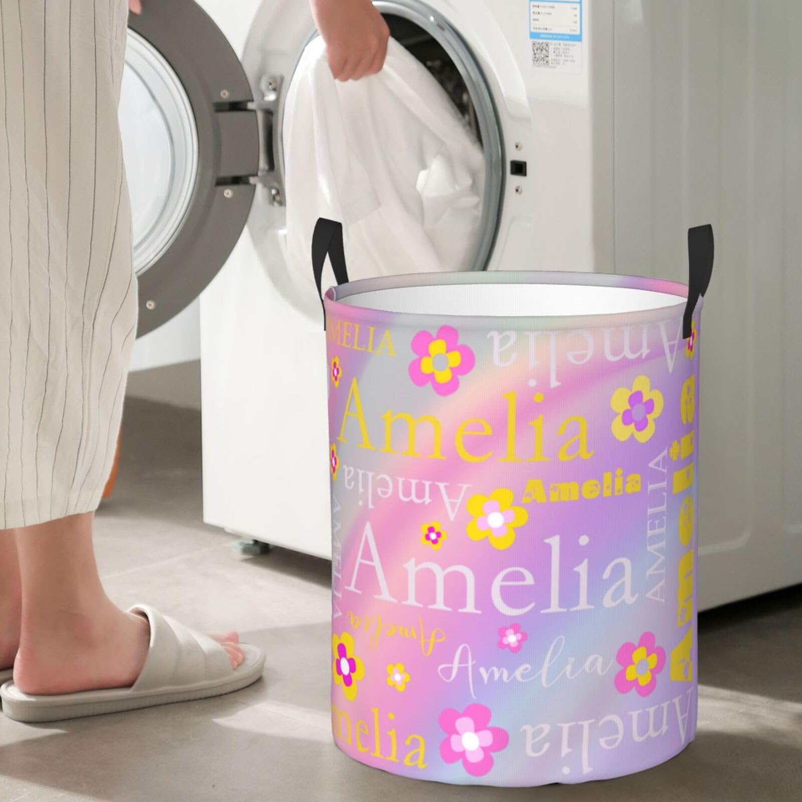 Personalized Laundry Basket Custom Laundry Hamper with Name Baby Storage Basket with Handles Circular Dirty Clothes Hamper For Girls Women