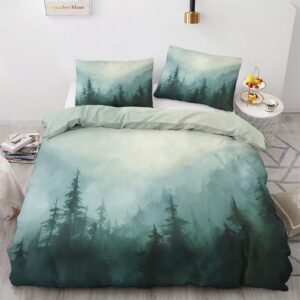 fjwxcbd misty forest bedding king size duvet cover set 3 piece, nature landscape bedroom decor, fog woodland duvet cover & 2 pillow shams, with zipper & ties, super soft microfiber