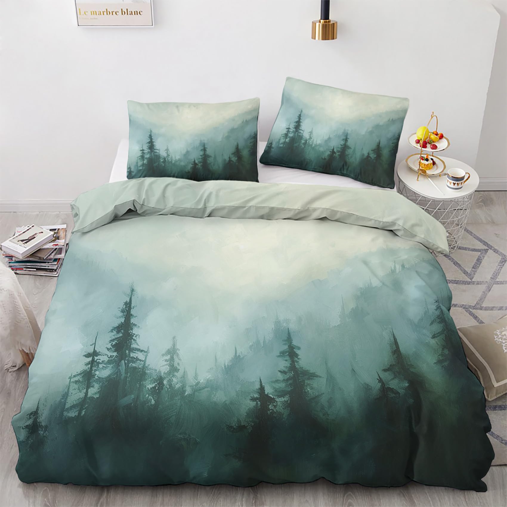 FJWXCBD Misty Forest Bedding King Size Duvet Cover Set 3 Piece, Nature Landscape Bedroom Decor, Fog Woodland Duvet Cover & 2 Pillow Shams, with Zipper & Ties, Super Soft Microfiber