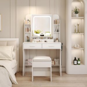 vanity desk with mirror and lights, makeup vanity table with 2 drawers and shelves, built-in power outlet and hairdryer holder, 3 color modes available, vanity desk with chair set for bedroom, white