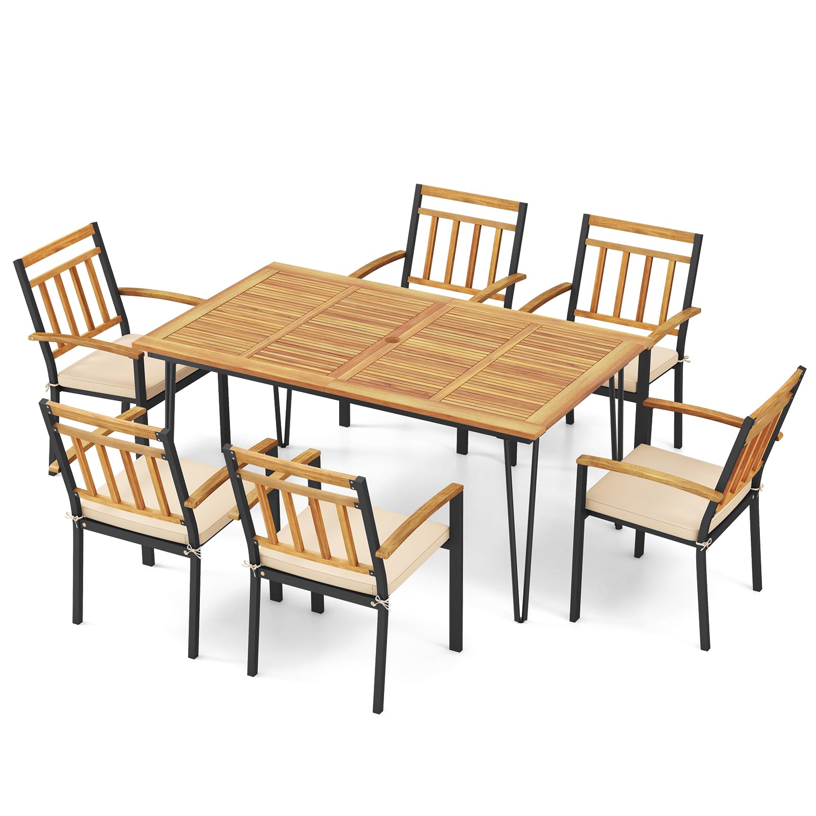 Tangkula 7 Pieces Patio Dining Set with Acacia Wood Dining Table & Armchairs, Soft Cushions, 2” Umbrella Hole, Outdoor Dining Furniture Set for Porch, Backyard, Garden, Poolside