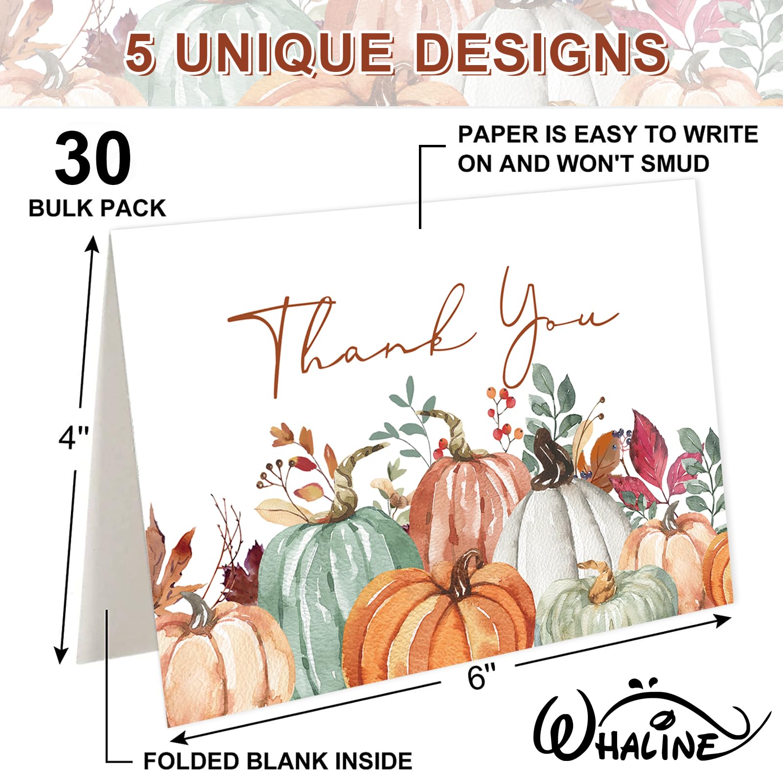 Whaline 30 Pack Fall Thank You Cards Bulk Watercolor Autumn Leaves Pumpkin Thank You Note Cards with Kraft Envelopes Stickers for Wedding Thanksgiving Harvest