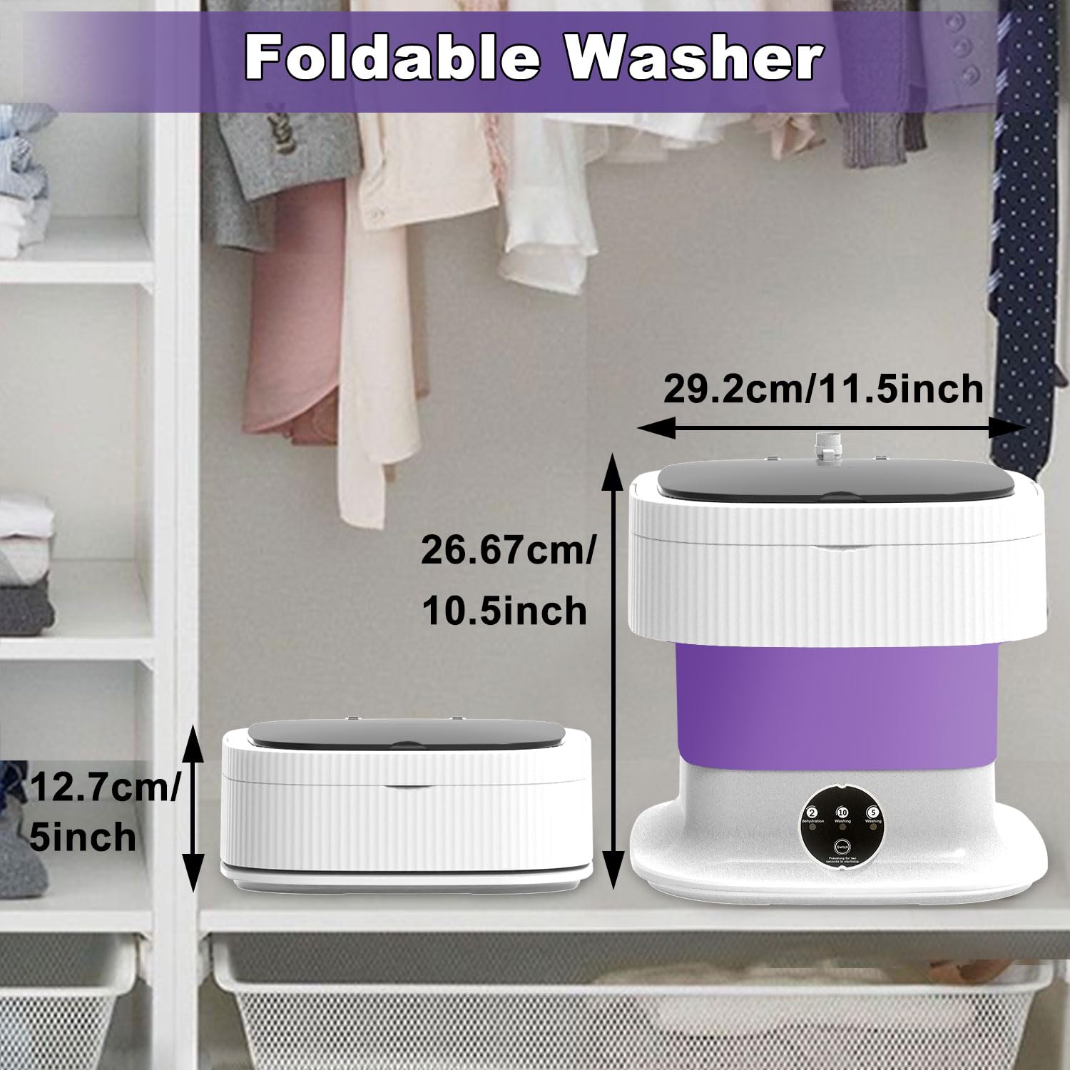 Mini Portable Washing Machine with Spin Dry, 13L Foldable Small Washer，Compact Laundry Lavadora Portatil for Underwear, Baby Clothes, Socks or Small ltems, Dormitory, Apartments, Travel, Purple