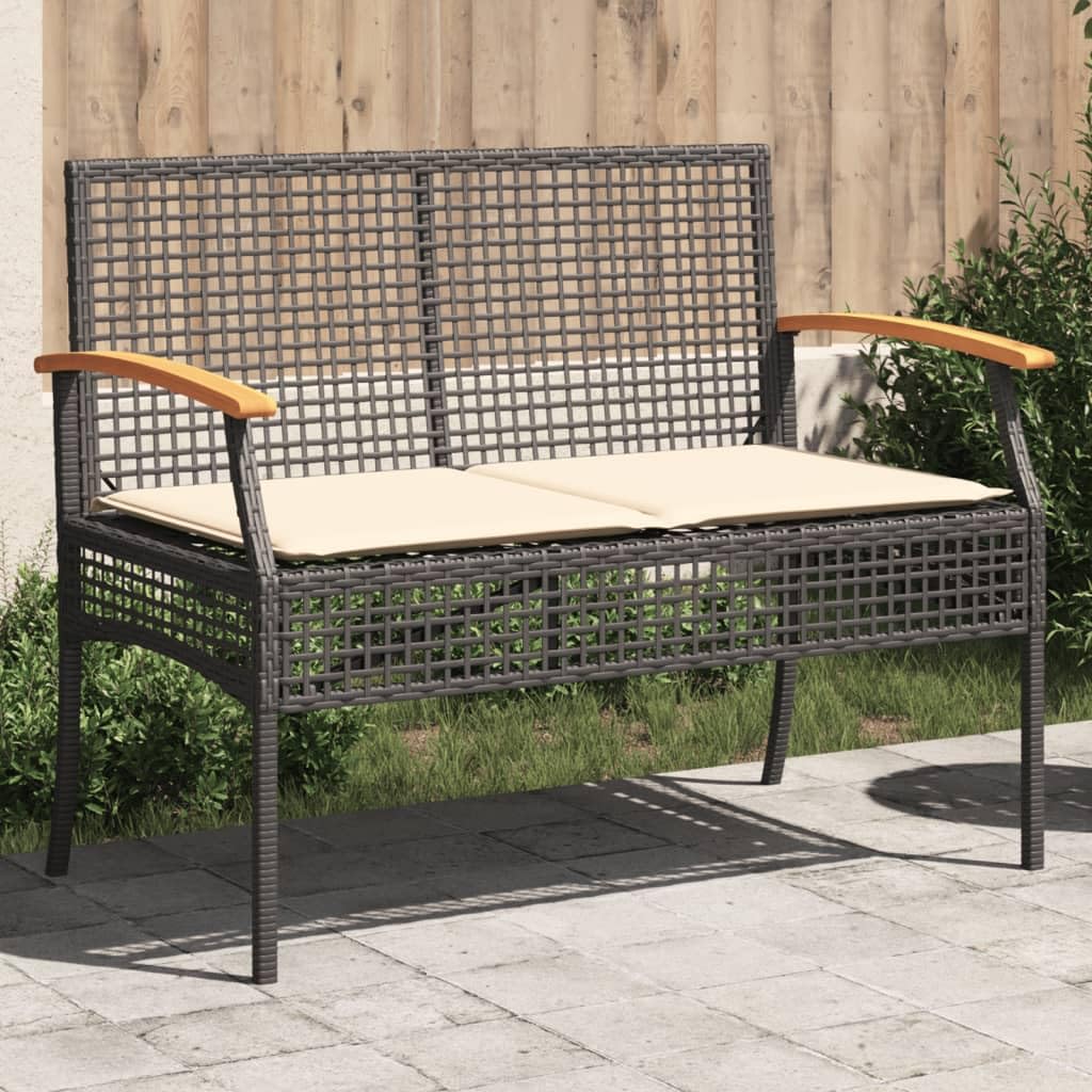 MINERWALL Patio Bench with Cushion Black Poly Rattan Acacia Wood,Comfortable Patio Bench with Padded Cushion and Durable Rattan Frame for Outdoor Use Patio Benches, Outdoor Furniture, Outdoor Benches