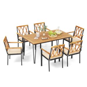 tangkula 7-piece patio dining set, acacia wood outdoor furniture set with 2” umbrella hole and seat cushions, rectangular dining table and 6 chairs set for patio garden poolside backyard