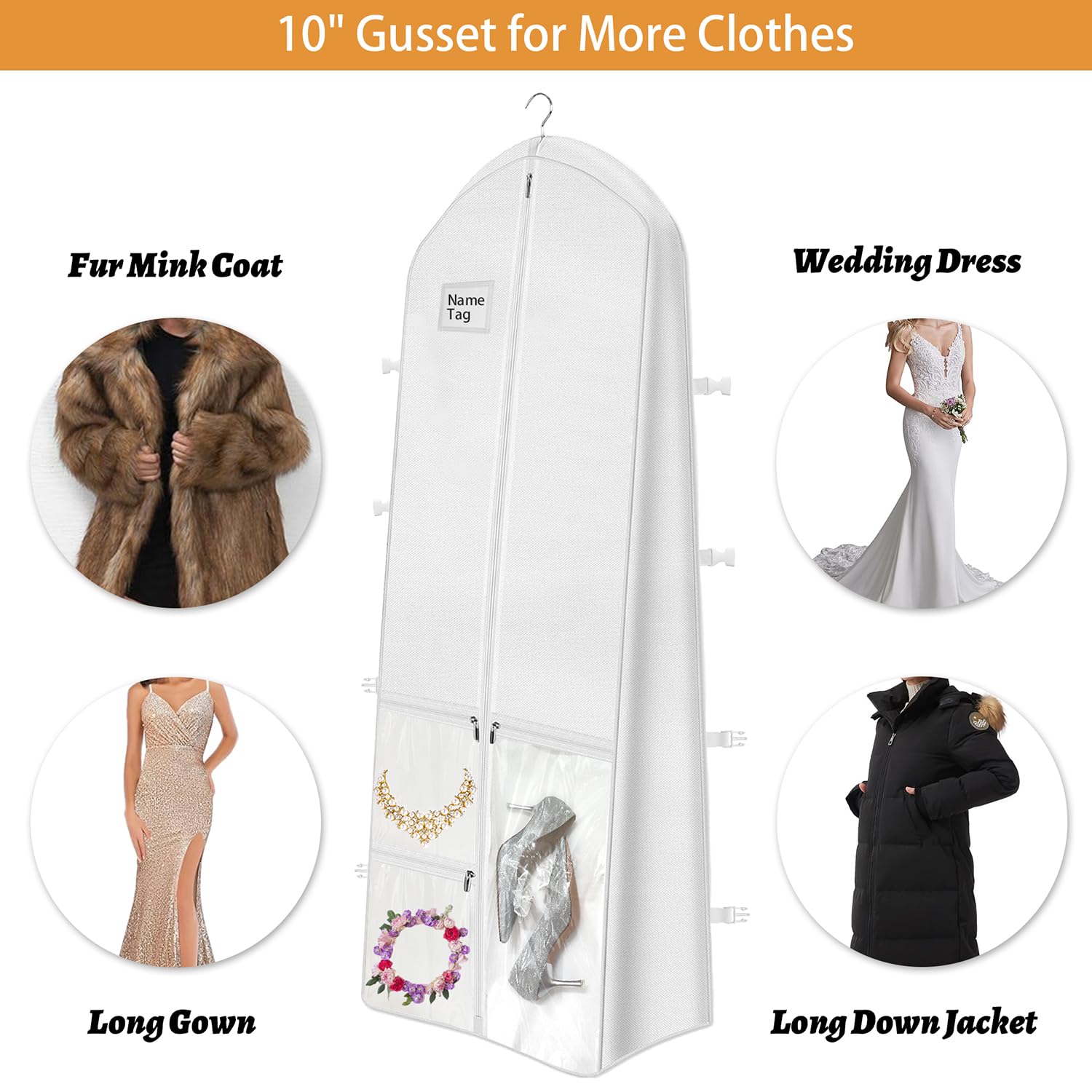 Portable Wedding Dress Garment Bag, 72 Inch Trifold Bridal Dress Bags for Gowns Long with Pockets and Handles, 10" Gusseted Dress Cover for Wedding Dress with Buckle