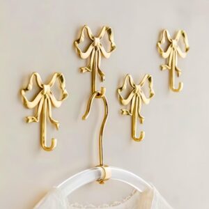 TIMCHESS 2Pcs 3.75 x 3.94 inches Gold Bow Hooks for Wall, Brass Bow Hooks Door Hanger, Decorative Towel Hooks Coat Hat Hooks, Bow Wall Decor for Bathroom Kitchen Living Room