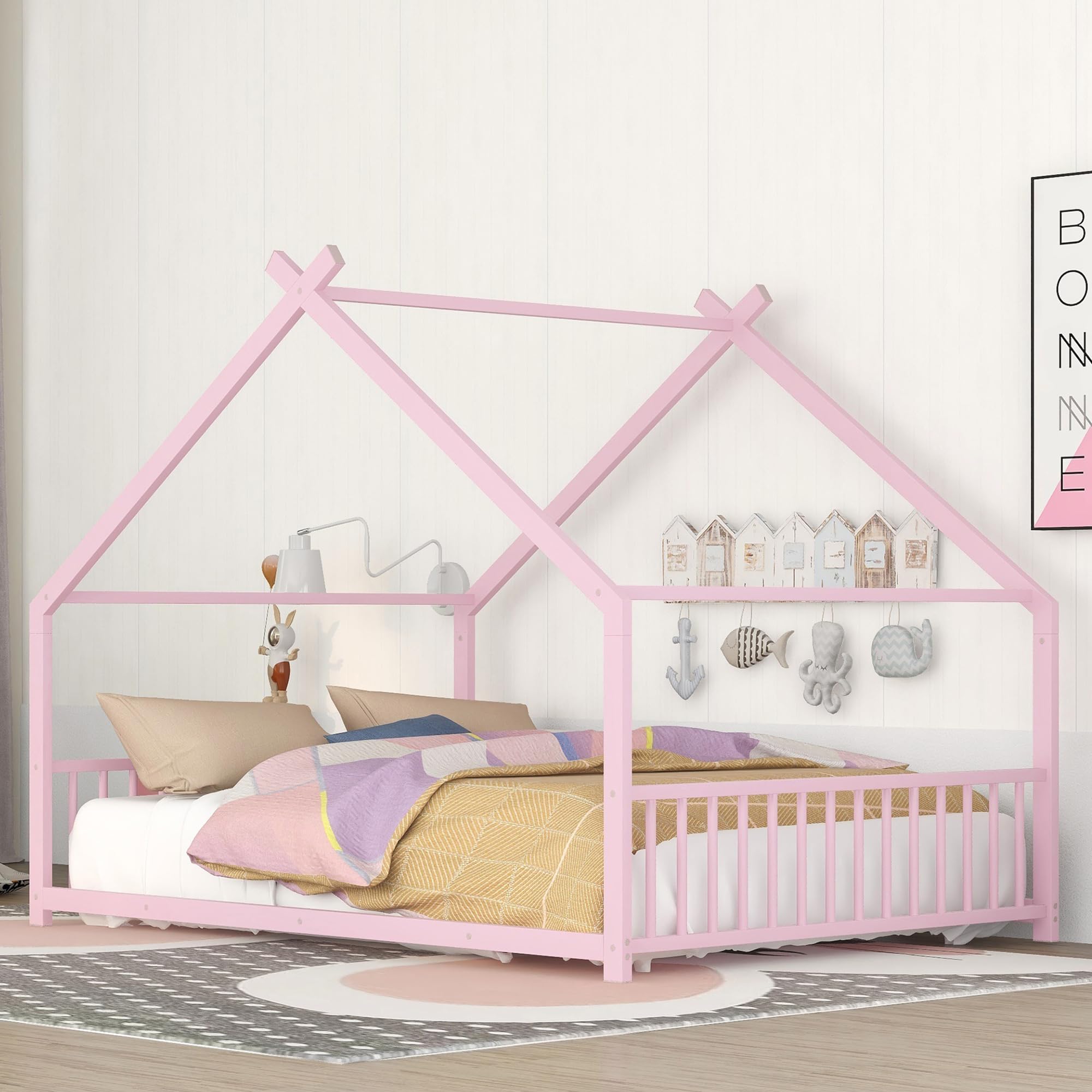 Metal Montessori Floor Bed, Full Size House Bed Frame with Headband and Slats, Full Floor Bed/Cute Montessori Bed for Kids, Girls, Boys(Full Pink)