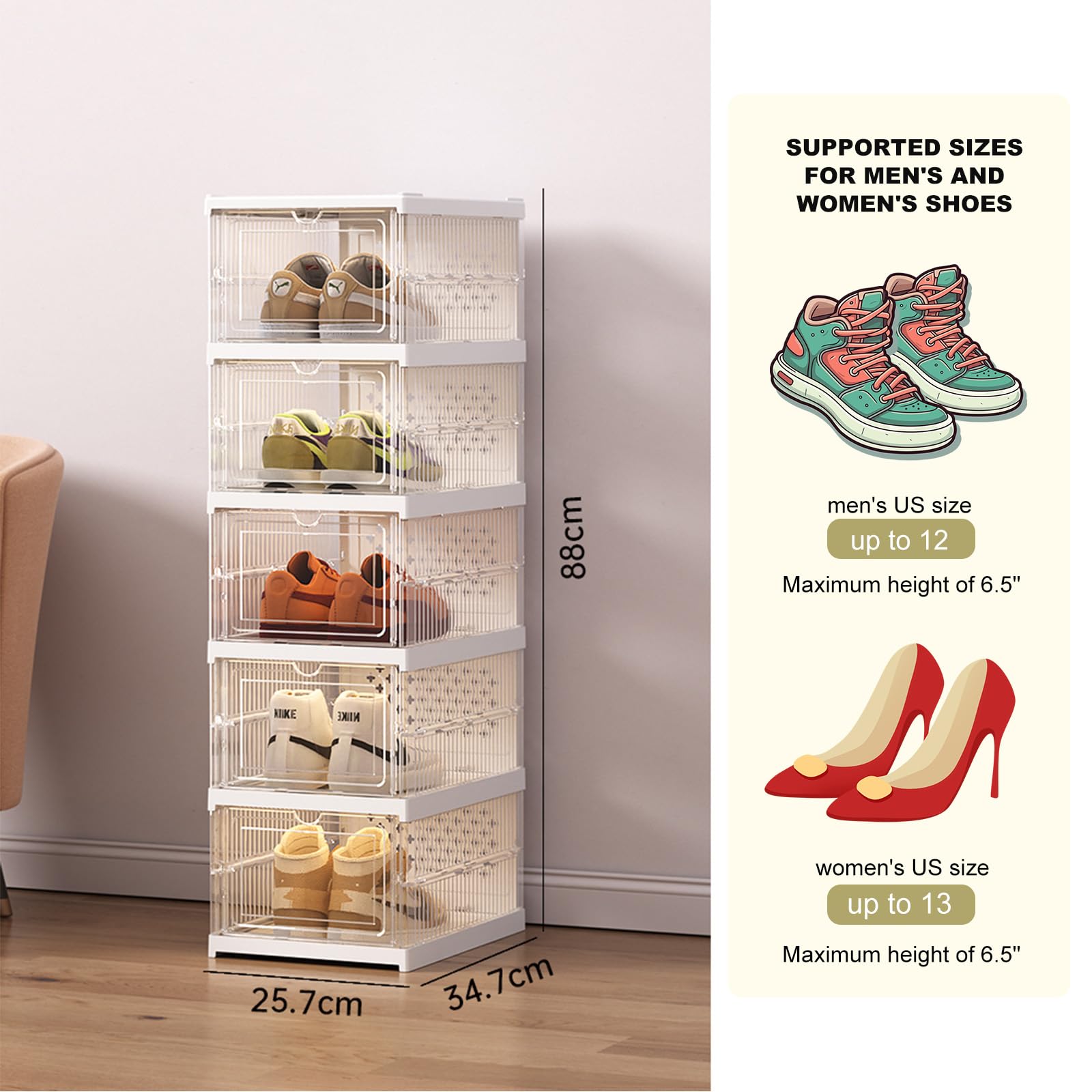 OohFaice 5-Tier Corner Shoe Rack Storage Organizer, Narrow Shoe Shelf for Closet Entryway, Free Standing Cabinet with Clear Door, Plastic Space Saving Foldable Shoe Stand, Clear